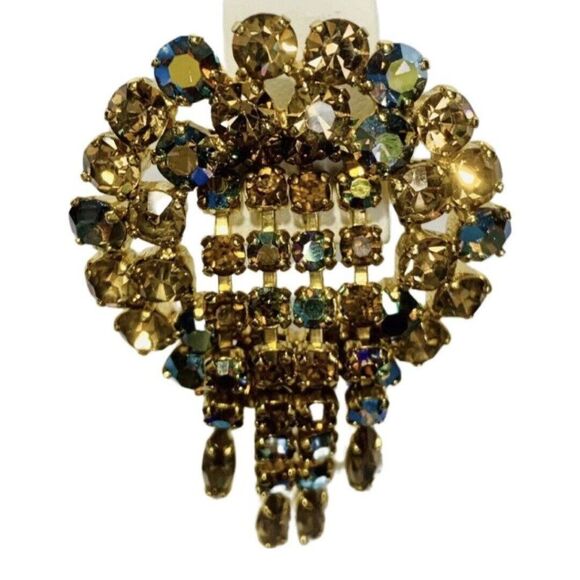 Vintage Austrian Crystal Aurora Borealis Shimmering Dangle  Gold Tone Brooch - Picture 2 of 8